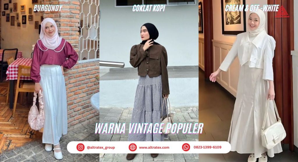 Outfit vintage warna burgundy, coklat kopi dan cream & off-white
